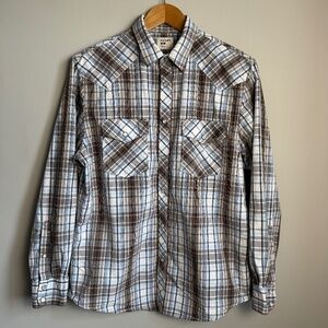 Old Navy Men's Western Plaid Linen Blend Pearl Snap Shirt Medium Cowboy‎ Rodeo